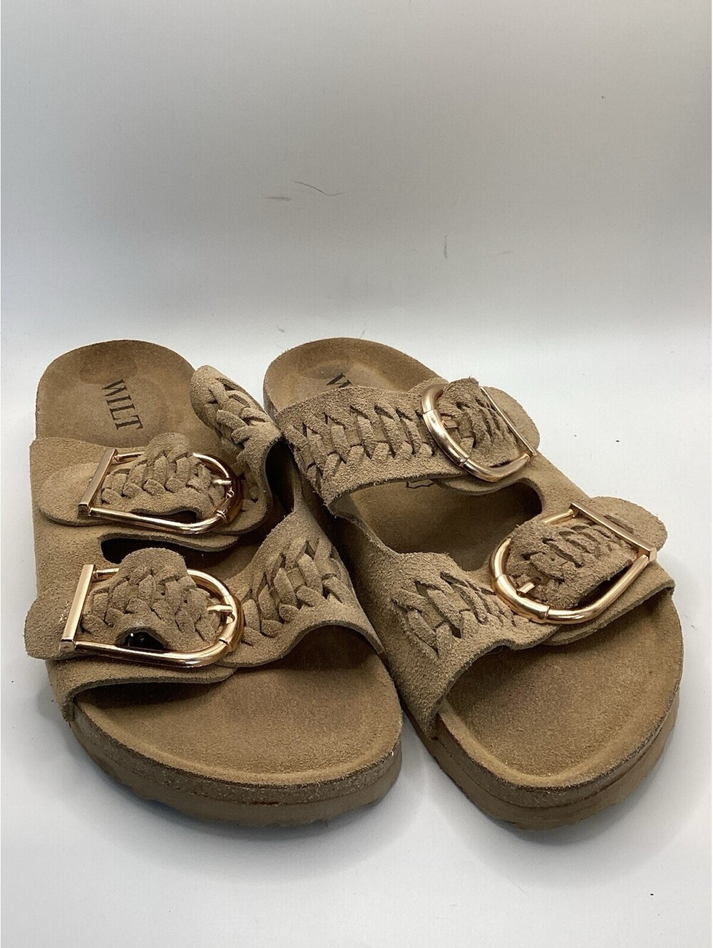 Anthropologie WILT Suede Double Buckle Slide Sandals SZ 7 Tan
